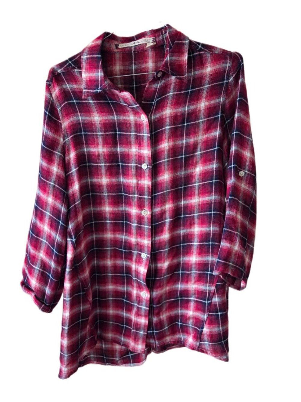 Chelsea & Violet Plaid Button Down Long Roll Tab Sleeves Soft Shirt